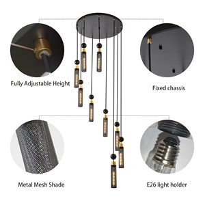 Lampadario moderno lampadario a 9 luci industriali oro nero regolabile plafoniera a soffitto in Mesh per soggiorno - Product Image 6