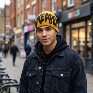 Golden Yellow Black Graphic Knit Beanie Hat Custom Logo Ribbed <b>Winter</b> <b>Cap</b> Unisex Streetwear Fashion Headwear Wholesale OEM - Product Image 3