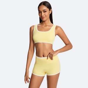 <b>Yellow</b> Stand Neck Convertible Straps Yoga Set Elastic Waist High Waist Shorts 2 Piece Activewear Breathable Seamless - Product Image 1