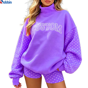 Top Trending Hot Selling Custom Polka Dot Printed Patchwork Mockneck Cozy Sweatshirt Casual <b>Short</b> Set <b>Women</b> Drop Shoulder <b>Suit</b> - Product Image 6