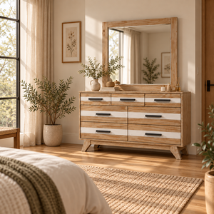 SOHO Collection Minimalist <b>Bedroom</b> Storage Cabinet With <b>White</b> Accent <b>Drawers</b> And Mirror Wooden Dresser 7 <b>drawers</b> and mirror - Product Image 1