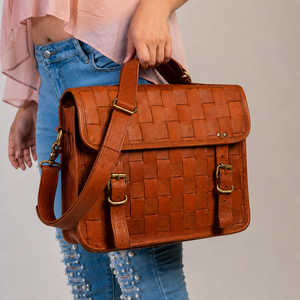 Brown Woven Leather Handbag Bag Vintage <b>Shoulder</b> Satchel with Buckle <b>Straps</b> Premium Office Travel Tote for Women - Product Image 2
