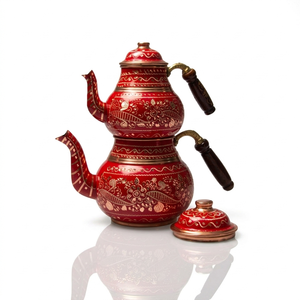 Handmade Turkish Copper Tea <b>Set</b> Wholesale, Traditional Red Floral Tea Pot, Double Kettle <b>Teapot</b> for Home and Restaurant Use - Product Image 1
