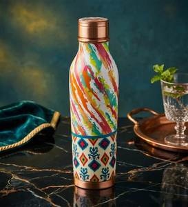 Bouteille d'eau en cuivre à motifs géométriques et imprimés Ikat multicolores, gourde émaillée, fournisseur en gros - Product Image 1