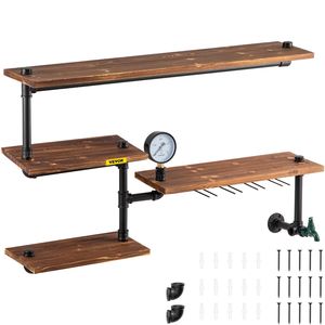 Mensole Galleggianti Moderne Rustiche a 4 Livelli in Legno Massello, Scaffalatura Industriale a Tubo per Camera da Letto, Soluzione di Stoccaggio Fai-da-te Montata a Parete - Product Image 1