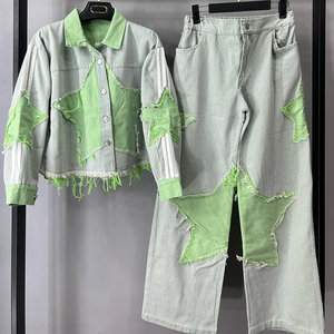 Unisex Streetwear Denim Tracksuit Set Green Star <b>Patchwork</b> <b>Jacket</b> Pants Full Sleeve Regular Fit Autumn Casual Wear Eco-Friendly - Product Image 1