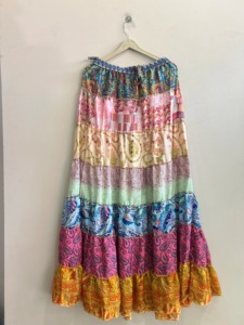 Jupe longue bohème patchwork pour femme, taille élastique, volants, longueur ras du sol, en mousseline d'été, coupe trapèze imprimée - Product Image 4
