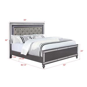Letto matrimoniale in stile moderno glamour con testiera imbottita in similpelle con bottoni trapuntati e luci LED con inserti in vetro, finitura grigia - Product Image 5