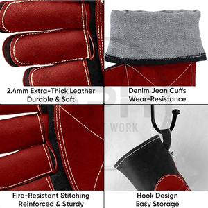 Guantes de Soldadura de Cuero Vacuno Rojo Oscuro y Negro con Doble Capa en la Palma, Resistentes al Calor y con Manga Larga - Product Image 3