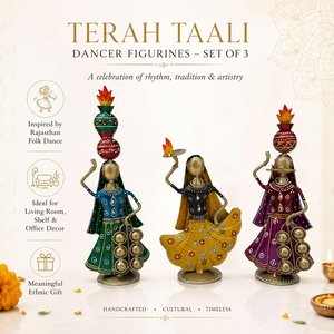 KRAFTSKALA Terah Taali Dance Doll Showpiece Set-3 Figurines de danseuses folkloriques du Rajasthan en fer forgé, faites à la main, 13 pouces, Décoration d'intérieur - Product Image 2