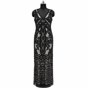 Vestido de Noche Largo de Lujo con Cuentas Negras, Escote Profundo en V, Sin Mangas, para Fiesta Formal, Cóctel, Boda, Vestido Maxi Elegante para Mujer - Product Image 1