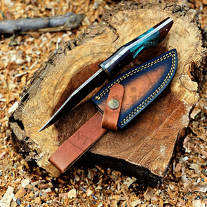 Couteau de chasse à lame fixe en acier Damas de qualité supérieure avec bord droit, manche en bois et résine - Utilisation en extérieur, cadeau USA, anniversaire - Product Image 6