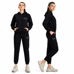 100% Cotton Custom Women Black Hoodie Jogger <b>Set</b> Casual Fleece Two Piece Sweatsuit OEM Supplier Manufacture - Product Image 1