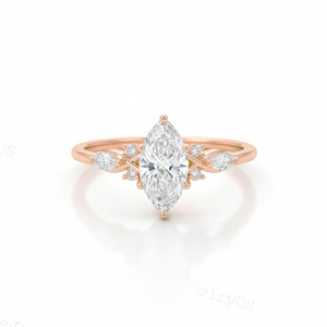 Bague de fiançailles solitaire en diamant de laboratoire taille marquise, or massif 14K 18K, avec pierres latérales florales, bijou de mariée unique - Product Image 4
