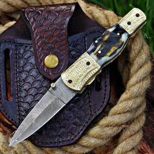 Cuchillo EDC de caza y exterior UA Supplies, hecho a mano, de acero de Damasco, con punta de clip deslizante, mango de hueso teñido, grosor de 0.5mm - Product Image 4