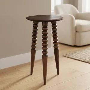 Modern <b>Round</b> Mango Wood Side <b>Table</b> Minimalist Design Handmade Living Room Furniture Dark Finish Three-Leg Base - Product Image 4