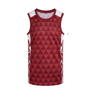 Maillot de basket-ball à haute élasticité, motif géométrique rouge, uniforme d'équipe, maille polyester respirante, sans manches, col rond - Product Image 1