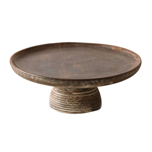Antique Handmade Wooden <b>Cake</b> <b>Stand</b> with Ribbed Pedestal Base Distressed Finish Round Wood Serving Tray Food Riser Tabletop Party - Product Image 1