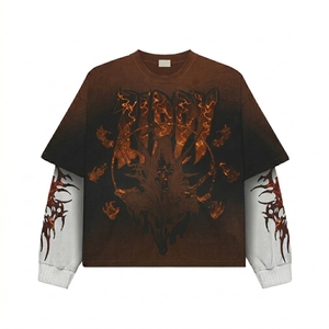 T-shirt à manches longues pour homme, col rond, double couche, imprimé sérigraphié, effet délavé, coupe ample, logo personnalisé, esthétique vintage, 100% coton - Product Image 1