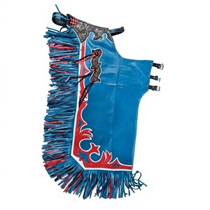 Deluxe Hand-Tooled Blue & Red Leather Rodeo Chaps with Fringe - Product Image 1