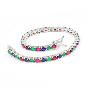 Natural Multi Stone <b>Sterling</b> <b>Silver</b> Plated Tennis <b>Bracelet</b> With Colorful Oval Shape Ruby Emerald And Blue Sapphire Gemstone - Product Image 1