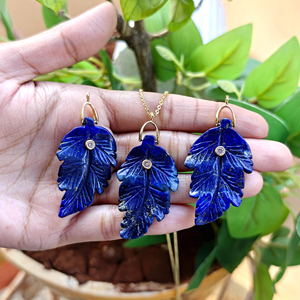 Semi-precious gemstone necklace natural lapis lazuli hand carved leaf pendant with cz accent gold plated chain necklace for her - Product Image 4