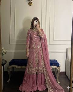 Pink Embroidered Faux Georgette Salwar Kameez Suit Net Dupatta Pleated Pants Formal Indian Wedding Graduation Diwali Party - Product Image 1