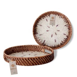 Vente en gros Beau plateau rond en rotin fait à la main Plateau de service écologique de l'Inde Fabriqué avec du bois de nacre - Product Image 6