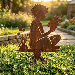Adorno de Jardín con Forma de Animal, Silueta de Niño Leyendo un Libro, de Metal Oxidado, Resistente a la Intemperie, con Recubrimiento en Polvo, para Exteriores - Product Image 4