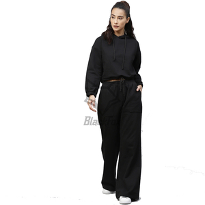 Conjunto Deportivo Negro con Capucha para Mujer, Manga Larga, Color Sólido, Corte Holgado, Pantalones Casuales para Correr con Bolsillos Laterales y Cintura con Cordón - Product Image 1