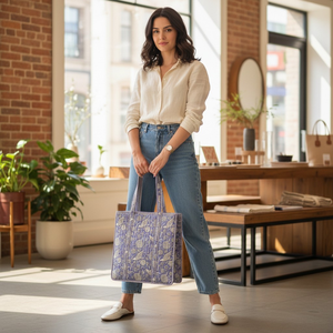 Quilted Tote <b>Bag</b> Cotton Indian Hand Block Print Embroidery Zipper Closure <b>Lavender</b> Blue Floral Bohemian for Women Wholesale - Product Image 2