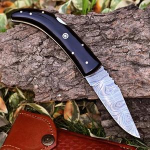 Nordic Forge Industrial Grade Damascus Steel Drop Point Folding Hunting Knife 7-Inch Black Resin Handle Leather Sheath Pocket - Product Image 3