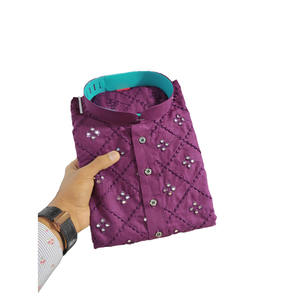 FIL À BRODER EN COTON ATTRACTIF MIROIR TRAVAIL PRÊT À PORTER KURTA HOMME AVEC PAJAMA VIN - Product Image 1