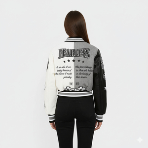 Custom Men's Fashion Varsity Patch Bomber <b>Jacket</b> High Quality Genuine Sheepskin Heavyweight Two Tone Black <b>White</b> Letterman Front - Product Image 5