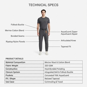 Pantalon de survêtement gris pour homme en mélange Spandex/Coton, résistant à l'eau, avec boucle Fidlock noir mat intégrée au ceinturon, coupe décontractée fuselée - Product Image 5