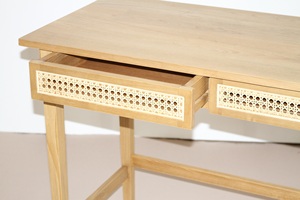 Table console en teck massif, artisanale, en rotin, avec 2 tiroirs - Product Image 3