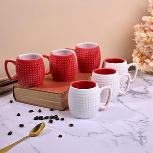 Lovely <b>Red</b> & White Dot Pattern Ceramic Cup Set <b>Microwave</b> Safe Glazed Mug Farmhouse Style Set of 6 - Product Image 4