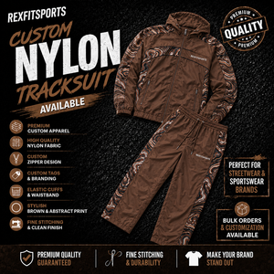 REXFIT SPORTS 2026 Custom <b>Men</b>’s Brown Nylon Tracksuit Set Full Zip Hooded <b>Jacket</b> and Pants Printed Panels Custom Sportswear - Product Image 1
