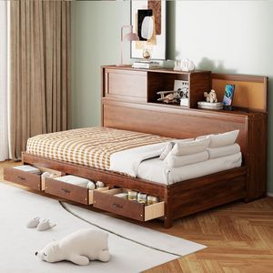 Divano letto singolo in legno di noce con 3 cassetti contenitore, ripiano superiore morbido e set di prese e porte USB - Product Image 1