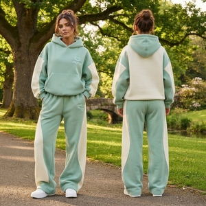 Conjunto Deportivo Informal para Mujer, Sudadera con Capucha Extra Grande de Felpa Verde Menta y Blanca de Secado Rápido, Pantalones Deportivos Anchos - Product Image 5