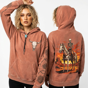 Hoodie surdimensionné personnalisé style western avec motif crâne de vache, effet délavé vintage couleur argile, pour femme, avec graphisme rétro délavé à l'acide, fournisseur - Product Image 1