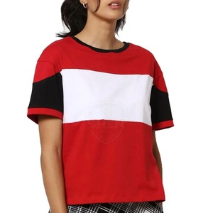 Camiseta de Cuello Redondo para Mujer, Diseño de Bloques de Color, Manga Corta, Corte Holgado, Informal, de Algodón Jersey, con Rayas Rojas, Blancas y Negras - Product Image 1