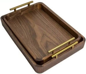 Bandeja rectangular de madera de color mate con asas de hoja plateada, diseño retro con patrón de plantas hecho a mano, para decoración de fiestas. - Product Image 6