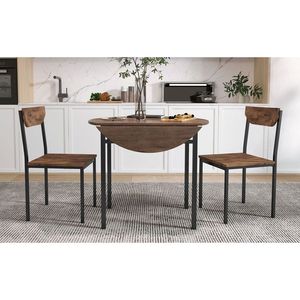 TOPMAX Modern 3-Piece Dining Room Set <b>Round</b> <b>Table</b> with Drop Leaf & 2 Chairs Black Frame & Rustic Brown Finish for <b>Small</b> Spaces - Product Image 1
