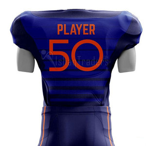 Ensemble de maillot et pantalon de football américain personnalisé pour homme, bleu et orange, impression par sublimation, respirant, 100% polyester, taille adulte - Product Image 5