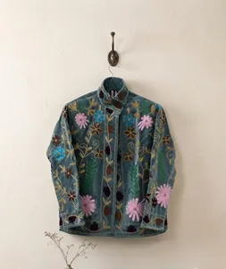 Premium Gray <b>Velvet</b> Suzani Embroidered <b>Jacket</b> with Floral Print Full Sleeve Stand Collar Bohemian <b>Women's</b> Winter Outerwear - Product Image 1