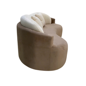 Canapé trois places en bois massif vietnamien, rembourrage en mousse et tissu, design moderne, pour appartement ou hôtel, avec coussin marron et dossier en forme de demi-cercle - Product Image 1