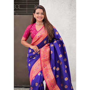 Sari de Seda Suave Violeta Elite Weaves con Diseño Tejido de Girasoles Butta Meenakari Zari, Ropa India y Pakistaní, 650g - Product Image 2