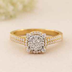 Anillo clásico de doble halo con diamantes cultivados en laboratorio de corte redondo para mujer, oro macizo de 14K, diseño floral con banda pavé, regalo de promesa para ella. - Product Image 5