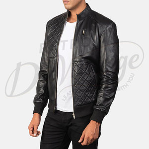 Men Black Genuine <b>Leather</b> Bomber <b>Jacket</b> with Diamond Quilted Front Panels Standing Collar and Ribbed Trim Slim Fit Coat - Product Image 4